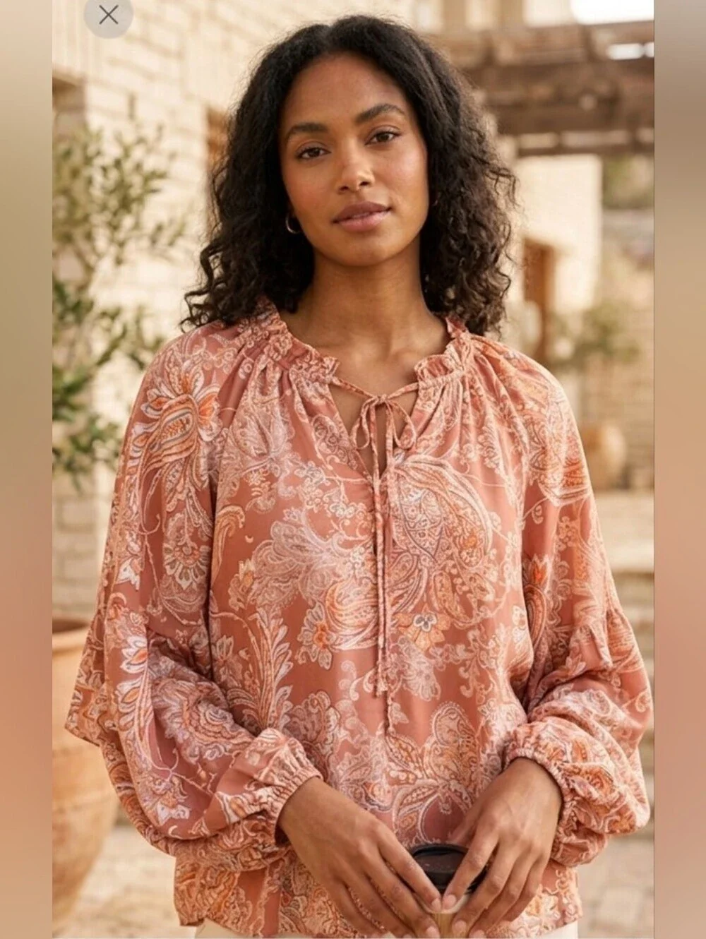 Blu Pepper Paisley Tie-Front Blouse in Rust Floral